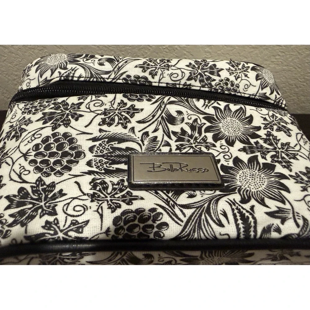 Bella Russo Makeup Bag  Black White Floral Design Zipper Closure Handle Charms